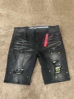 Reason Black Distressed Men’s Denim Shorts with Yellow Paint Accents